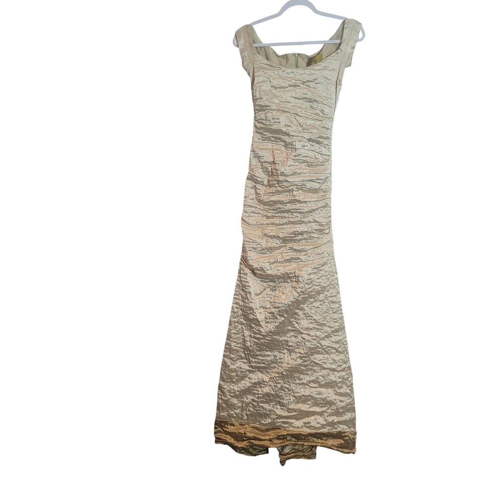 Nicole Miller Y2K Women Champagne Metallic Crinkle Ruched Cap Sleeve Gown Size 6